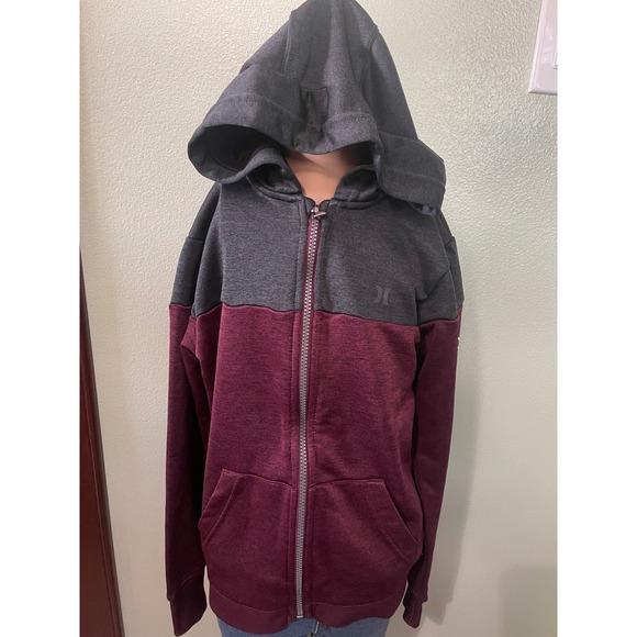 Hurley Logo Dri - Fit Boys Burgundy Gray Full Zip Hoodie Jacket Size Small Used - Picture 1 of 6